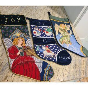 Vintage Needlepoint Christmas Stocking Santa Angel  Lot of 3 Joy Let it Snow